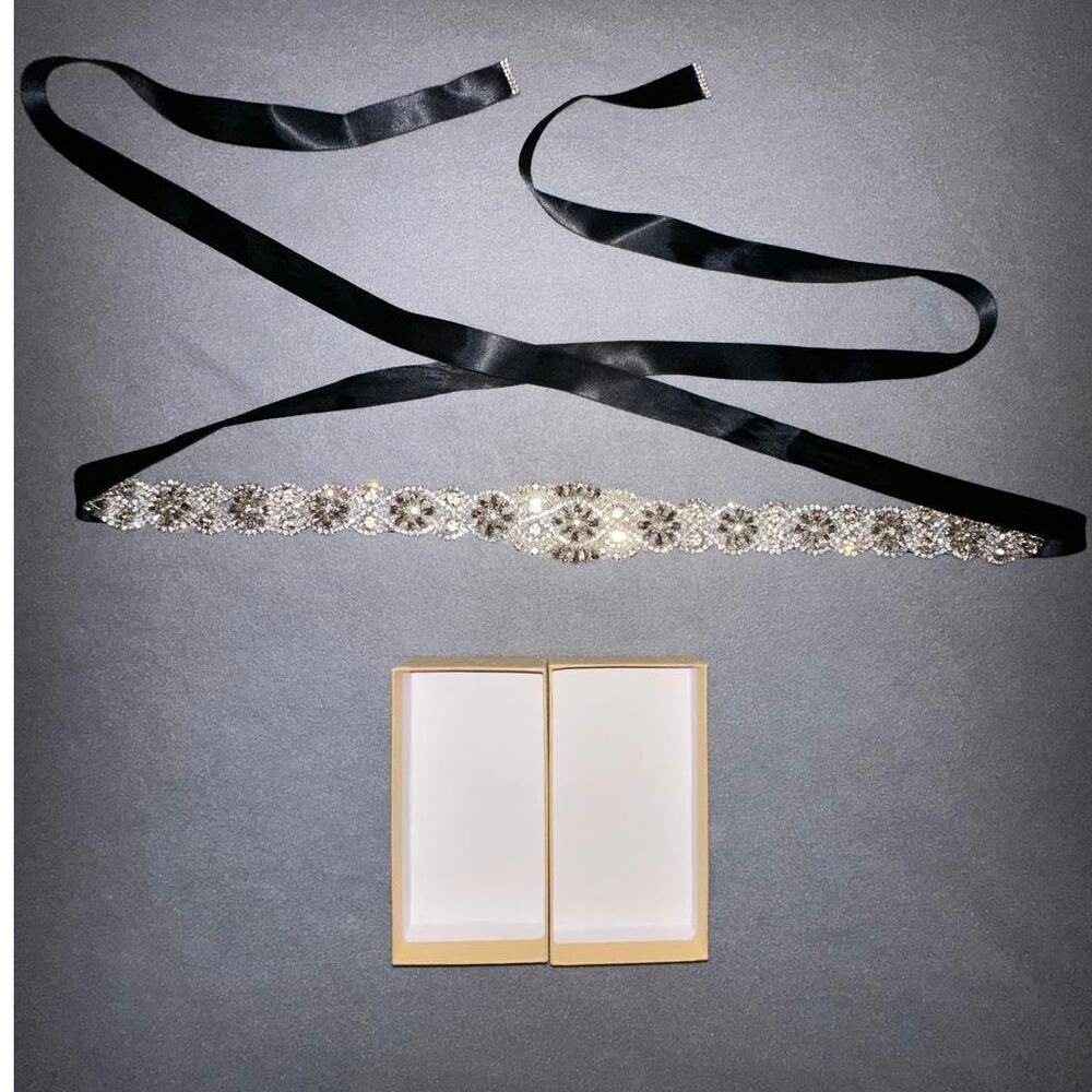 Rhinestone Bridal Belt Sash Black Ribbon Wedding